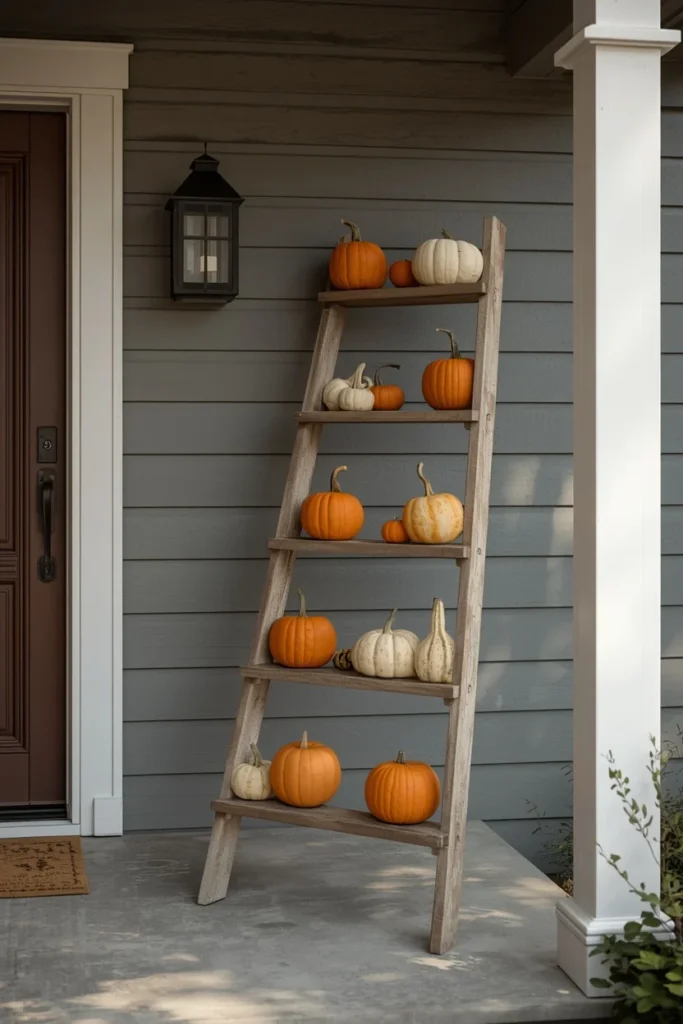 23 Fall Front Porch Decor Ideas Neighbors Will Envy 17 front porch, featuring a weathered wooden ladder leaned against the porch wall with small pumpkins