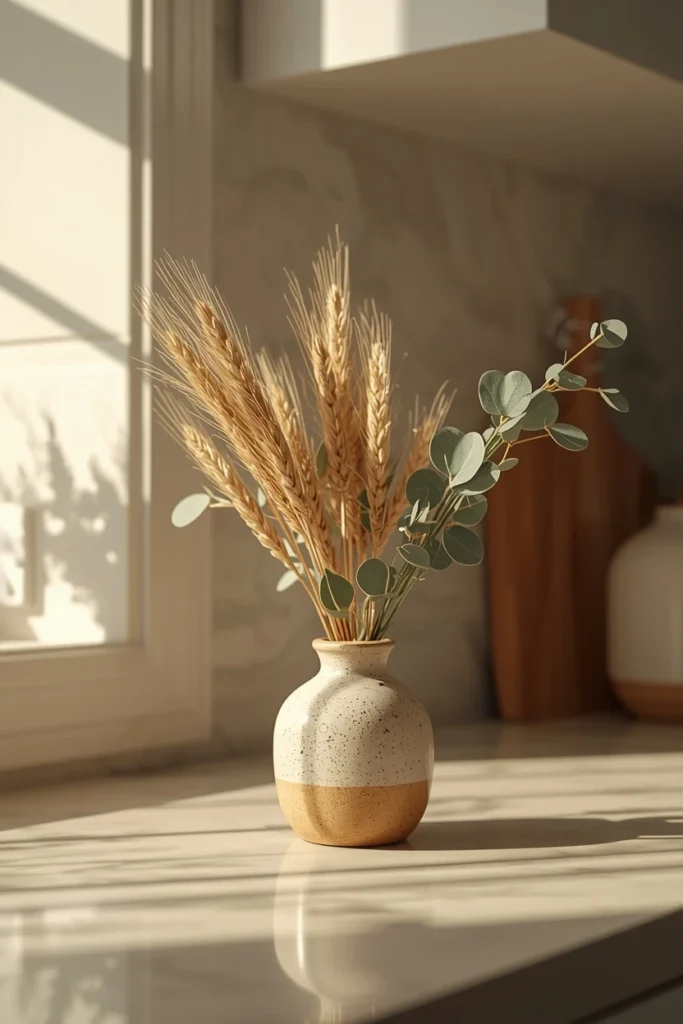 17 Fall Kitchen Countertop Decor Ideas That Feel Cozy, Not Cluttered 17 kitchen counter detail shot, featuring a small ceramic vase holding a loose arrangement