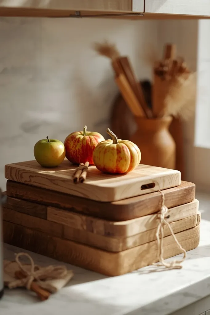 20 Fall Kitchen Decor Ideas That Are Easy to Recreate 17 kitchen counter close-up, featuring a stack of wooden cutting boards topped