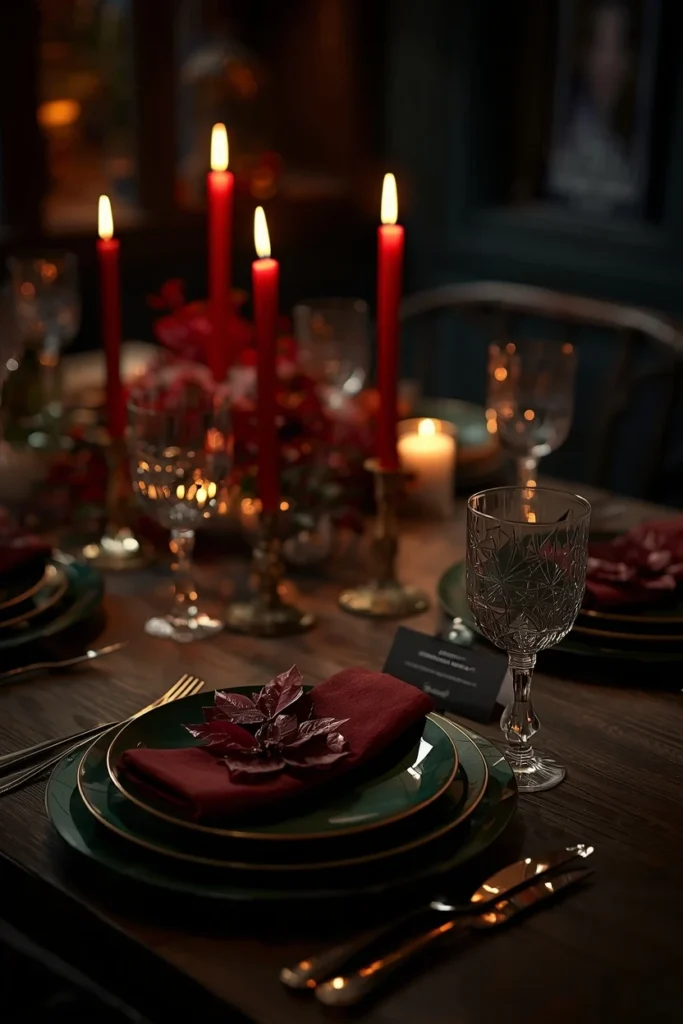 18 Fall Table Setting Ideas for Cozy Autumn Dinners 17 dining table at night, featuring inky green dinner plates