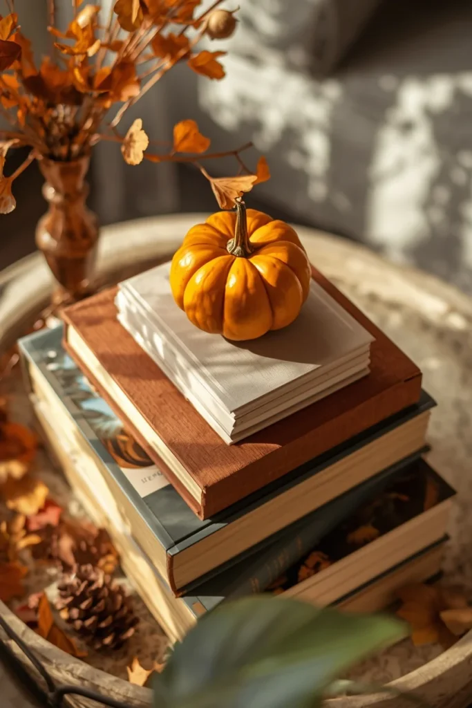 tiered tray close-up, featuring a small stack of color-coordinated books lifting 