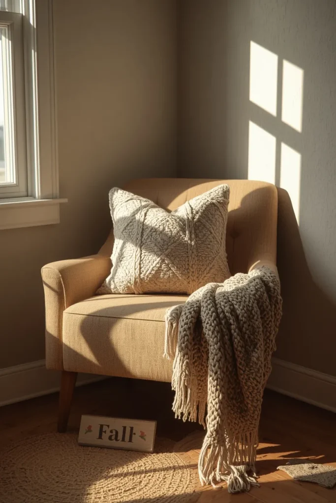 cozy reading corner, featuring a chair styled with textured pillows 