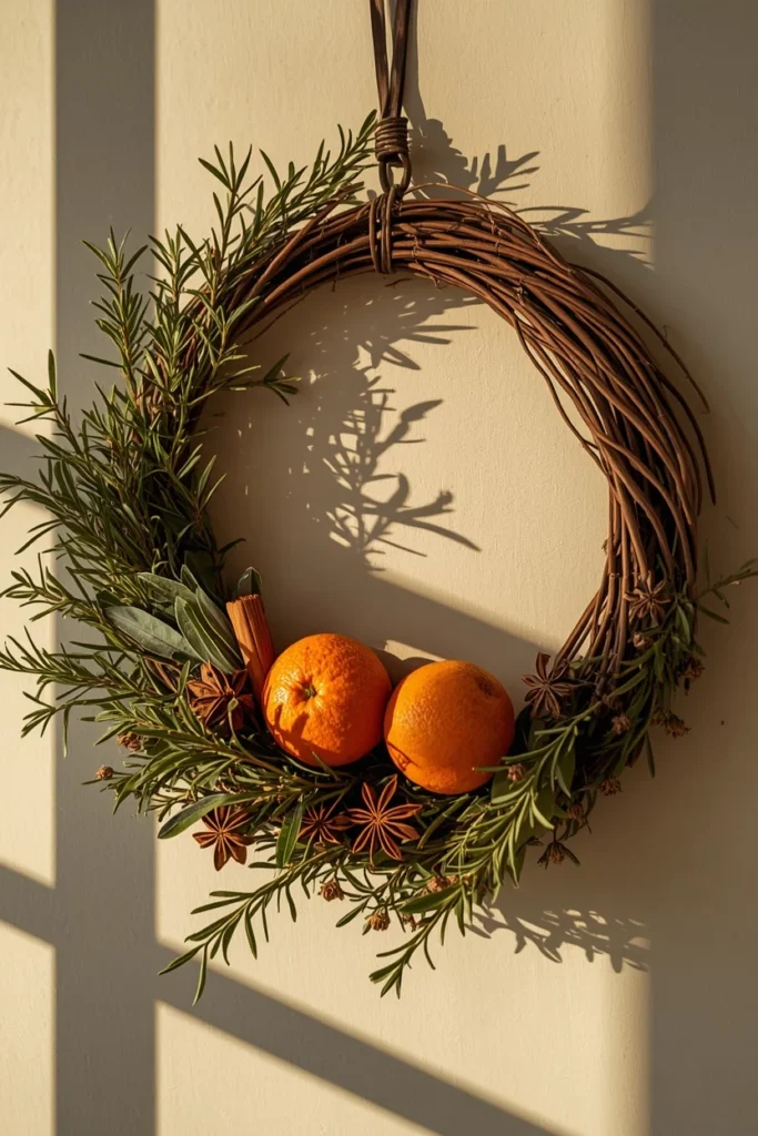 24 Fall Wreath Ideas to Welcome the Season in Style 17 kitchen wall detail, featuring a wreath made of dried rosemary, thyme, sage, cinnamon sticks