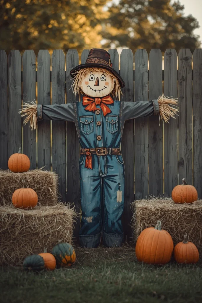 19 Fun DIY Scarecrow Ideas for fall that Kids Will Love Making 17 outdoor scene, featuring a large painted cardboard cutout scarecrow propped against a wooden fence