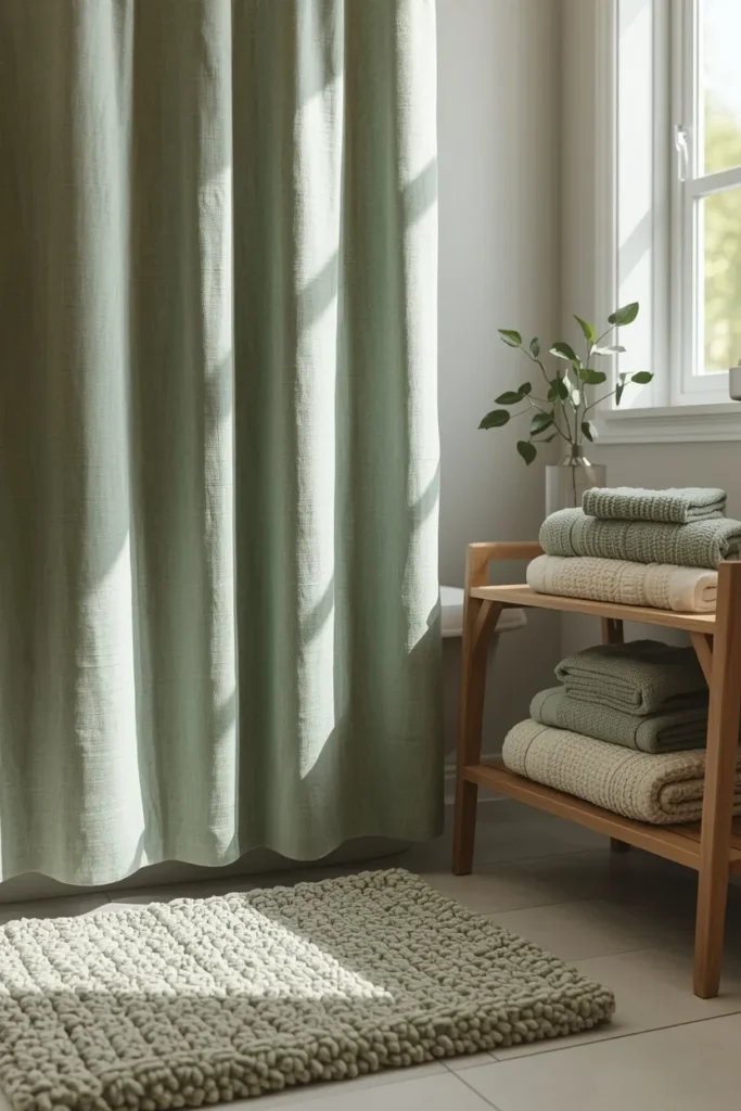 21 Green Bathroom Ideas That Bring Nature's Calm Into Your Home 17 bathroom textile styling, featuring a sage green linen shower curtain