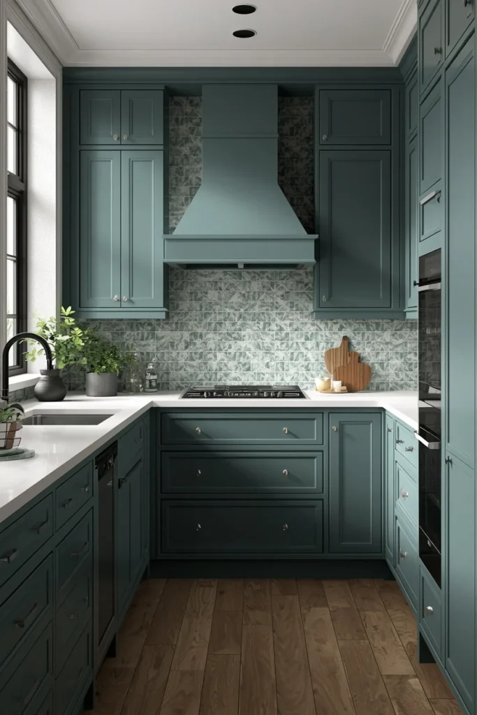 17 Green Kitchen Designs That Feel Bold, Fresh & Totally Unexpected 17 kitchen, featuring layered blue-green cabinetry, matching blue-green patterned tile backsplash