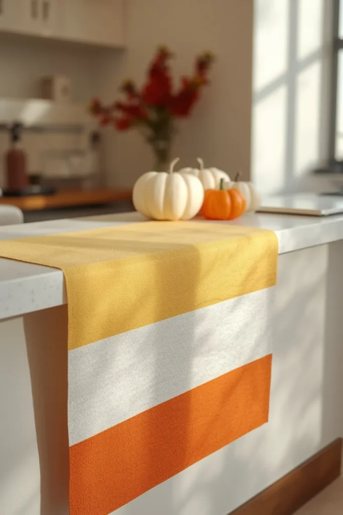 medical reception counter, featuring a white, yellow, and orange candy-corn color-block fabric table 