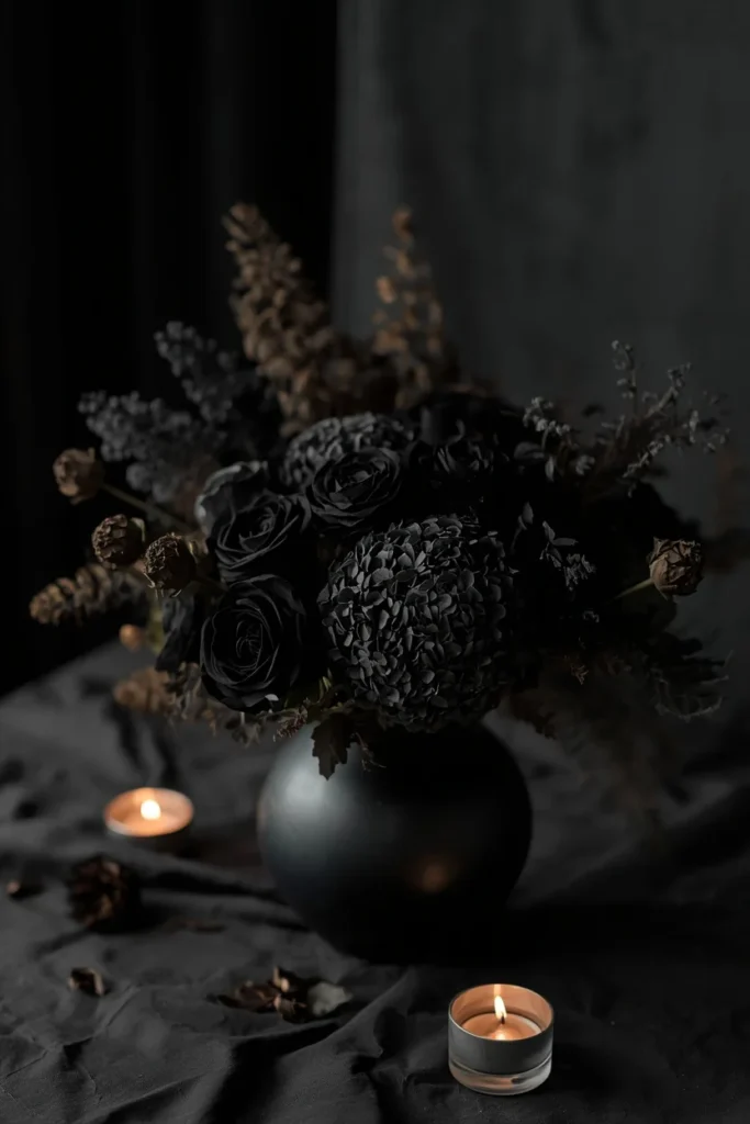  floral centerpiece shot, featuring a low wide arrangement of black roses, dried hydrangea