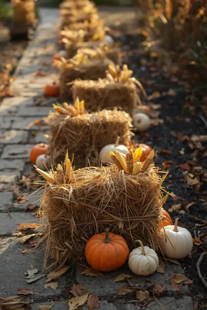 18 Halloween Walkway Ideas That Set the Spooky Mood Early 17 fall Halloween walkway, featuring small hay bale stacks with bundled cornstalks
