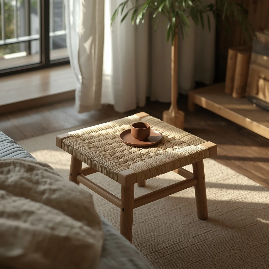 Japandi bedroom, featuring a low oak stool with a hand-woven paper-cord seat 