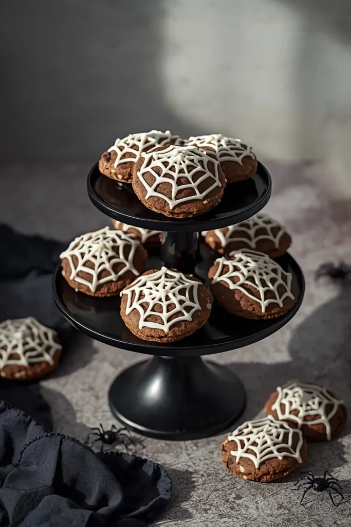 Halloween dessert display, featuring round chocolate cookies with white spiderweb