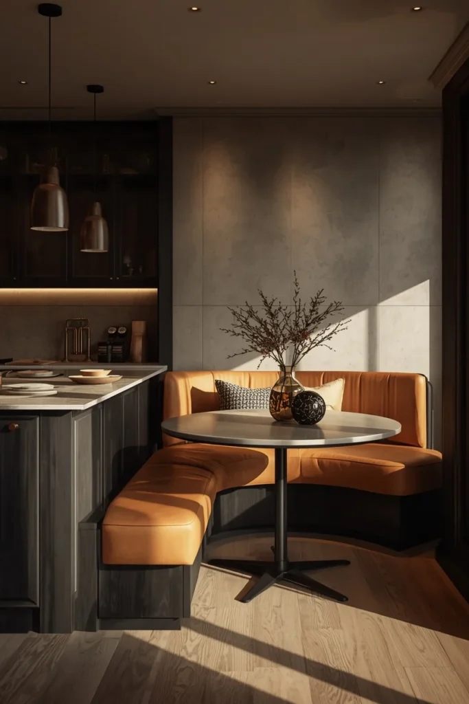 21 Kitchen Banquette Seating Ideas That Make Every Meal Feel Special 17 modern kitchen island, featuring a curved camel leather banquette wrapping around