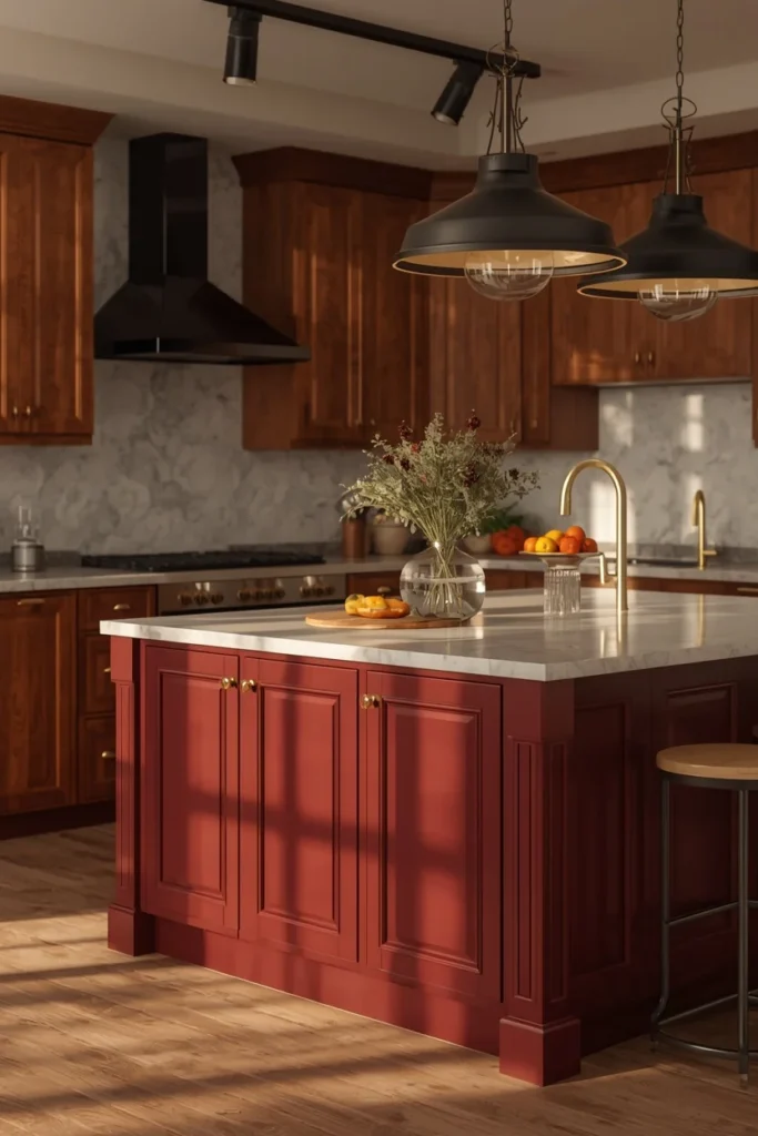 kitchen, featuring a burgundy oxblood kitchen island with warm wood perimeter cabinets, brass hardware