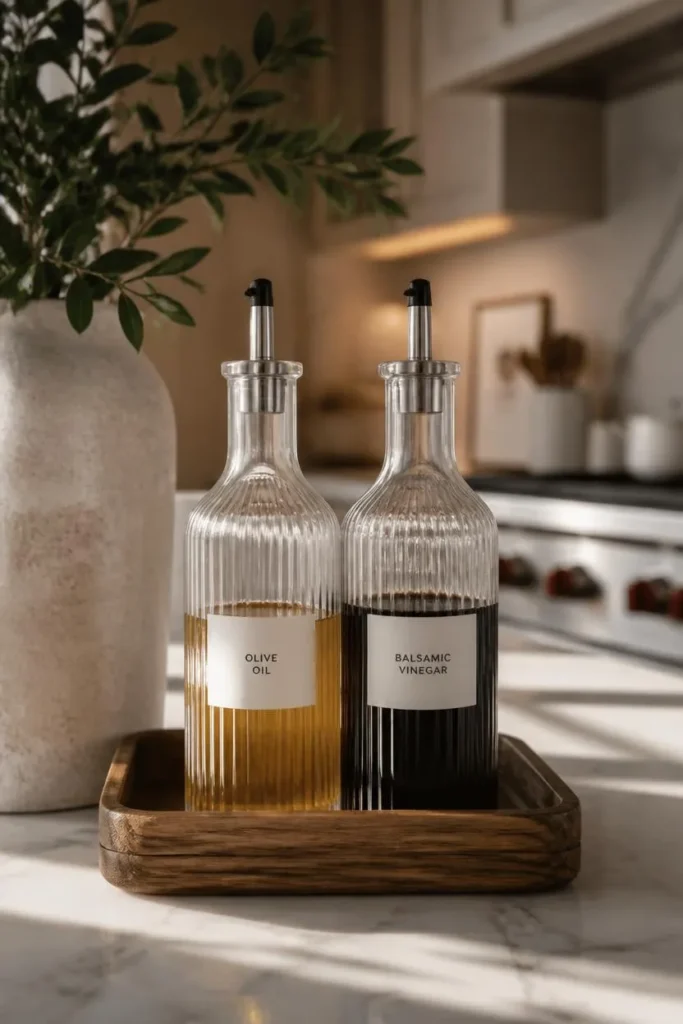 kitchen island, featuring a small tray with matching decanted glass bottles