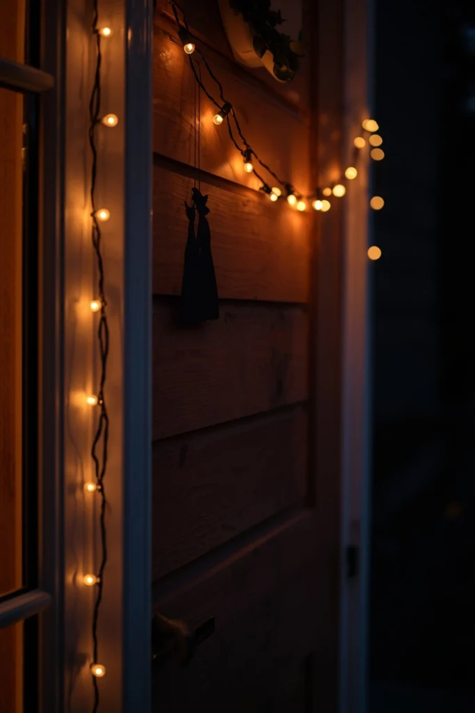  front porch entrance at dusk, featuring a single strand of warm string lights 