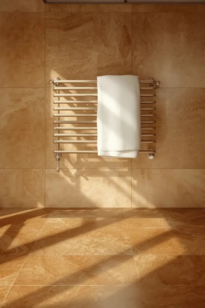 25 Modern Bathroom Designs That Look Like a 5-Star Spa Retreat 17 bathroom detail shot, featuring a wall-mounted towel warmer