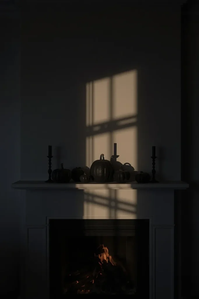 16 Modern Halloween Mantle Decor Ideas That Feel Fresh 17 modern fireplace mantel at night, featuring a cluster of black pumpkins and candlesticks lit