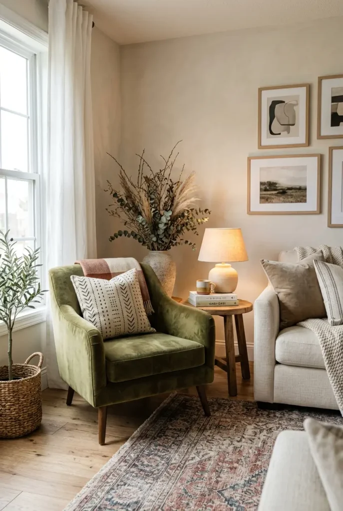  living room corner, featuring an olive green velvet accent chair angled 