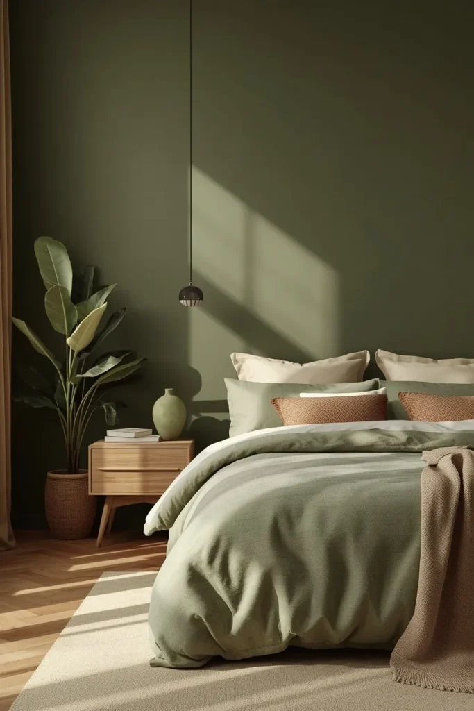  bedroom, featuring a muted olive and soft emerald color palette with warm cream bedding