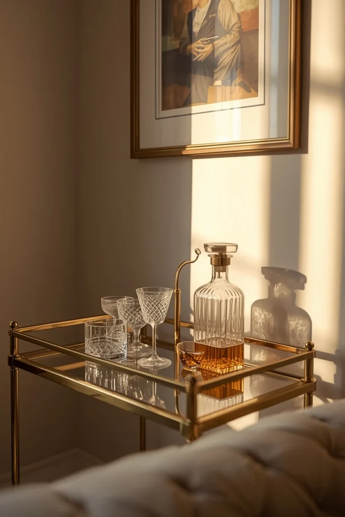  living room corner close-up, featuring a glass and brass bar cart styled