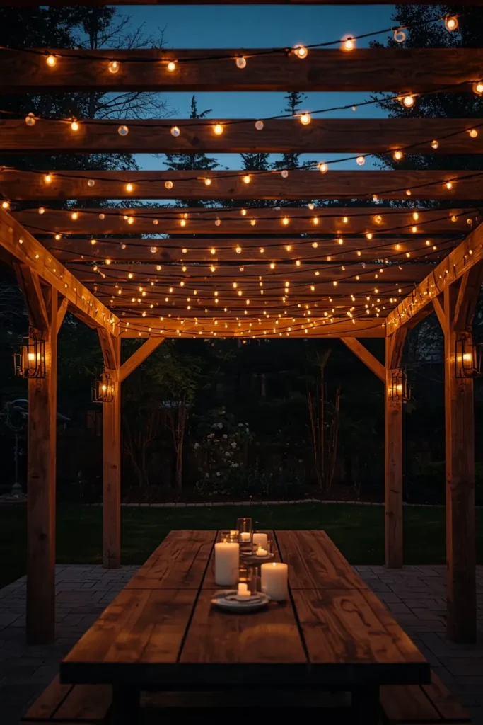 backyard pergola at night, featuring warm string lights crisscrossed