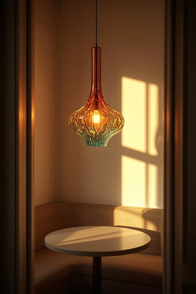 small apartment dining nook, featuring a colorful sculptural glass pendant light