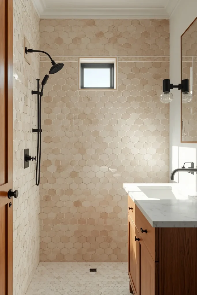 18 Scalloped Tile Ideas for a Soft, Statement-Making Bathroom 17 bathroom shot, featuring soft cream scalloped tile on the shower wall