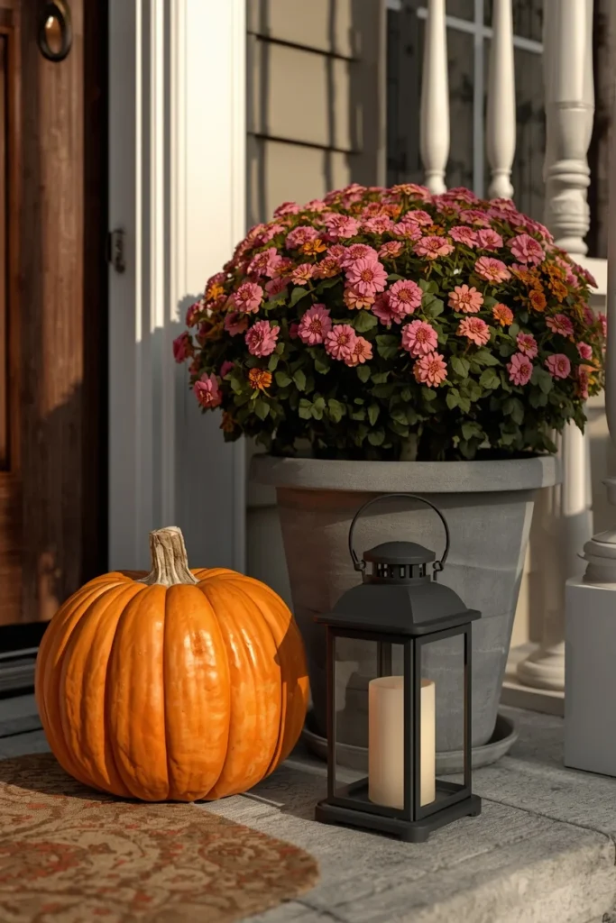 16 Simple Fall Porch Decor Ideas Anyone Can Pull Off This Season 17 front porch close-up, featuring a grouping of three fall decor elements, a pumpkin, a small lantern
