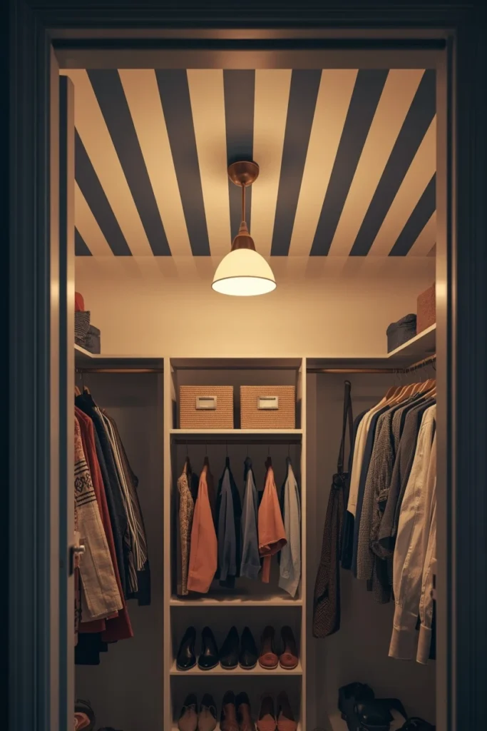 16 Striped Ceiling Ideas to Add Instant Personality Overhead 17 walk-in closet interior, featuring a ceiling painted with bold narrow stripes