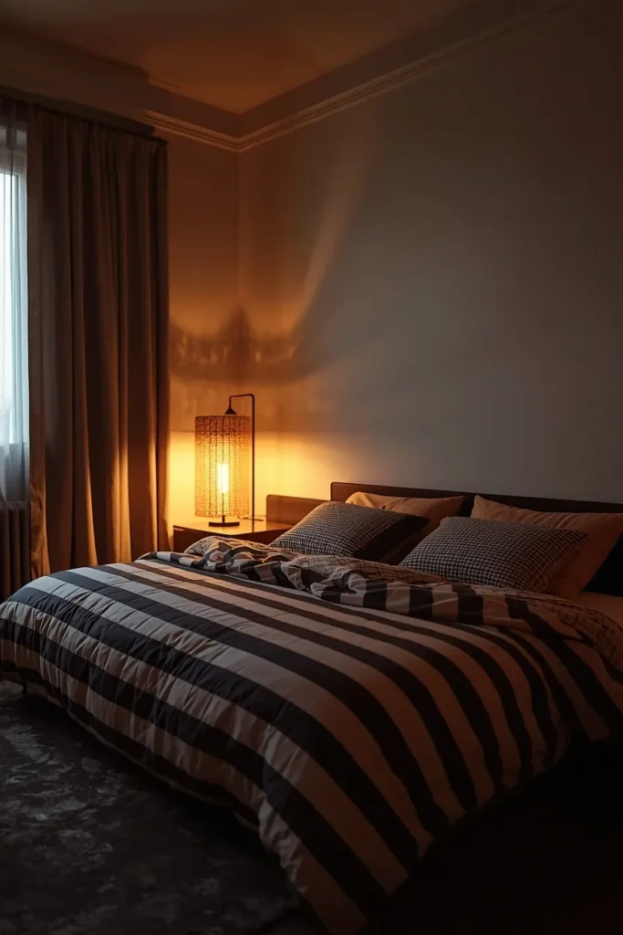 17 Tiny Bedroom Design Ideas for Couples (That Still Feel Romantic) 17 studio apartment, featuring a sofa bed folded out at night with a striped duvet