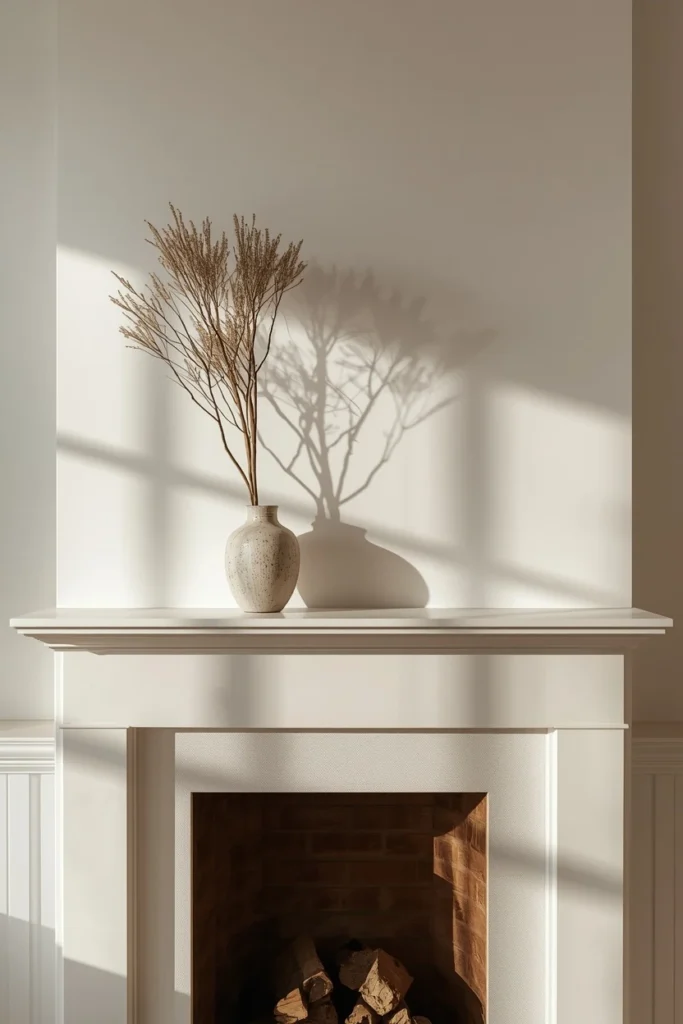17 Understated Fall Decor Ideas for a Minimal, Modern Home 17 fireplace mantel shot, featuring a tall dramatic branch