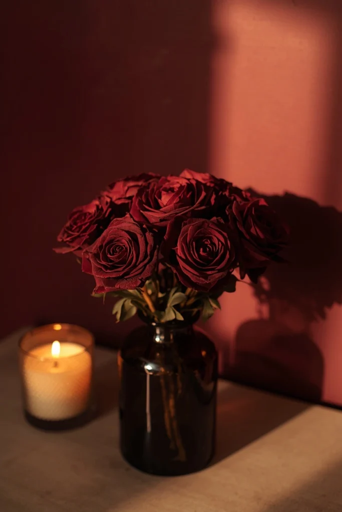 21 Vampy Romantic Bedroom Ideas for a Moody, Gothic-Chic Retreat 17 nightstand styling shot, featuring a small arrangement of dried deep red roses