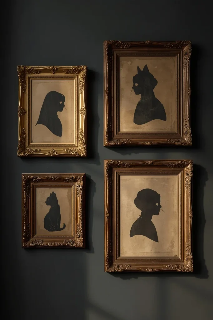 23 Vintage Halloween Decor Ideas That Look Straight Out of an Old Storybook 17 wall gallery styling, featuring mismatched antique gold and dark wood frames