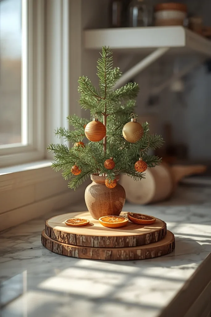 19 Ways to Decorate a Farmhouse Kitchen for Christmas (Cozy, Budget-Friendly Ideas) 17 farmhouse kitchen counter, featuring a small tabletop Christmas tree