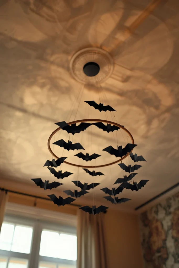 25 Whimsical Halloween Decor Ideas That Feel Spooky and Cute 17 dining room ceiling, featuring a hanging chandelier made from an embroidery hoop