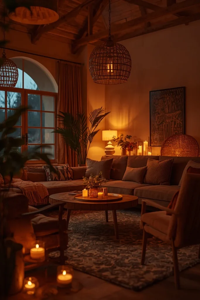 17 Afrobohemian Living Room Ideas That Feel Like a Global Getaway 18 living room, featuring warm 2700 Kelvin ambient lighting from pendant fixtures,