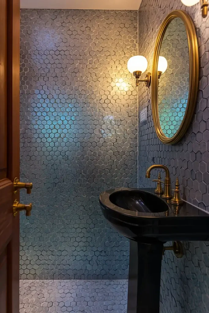 18 Bathroom Tile Ideas That Are Bold Enough to Transform Everything 18 powder room, featuring small hexagonal iridescent glazed tile shifting