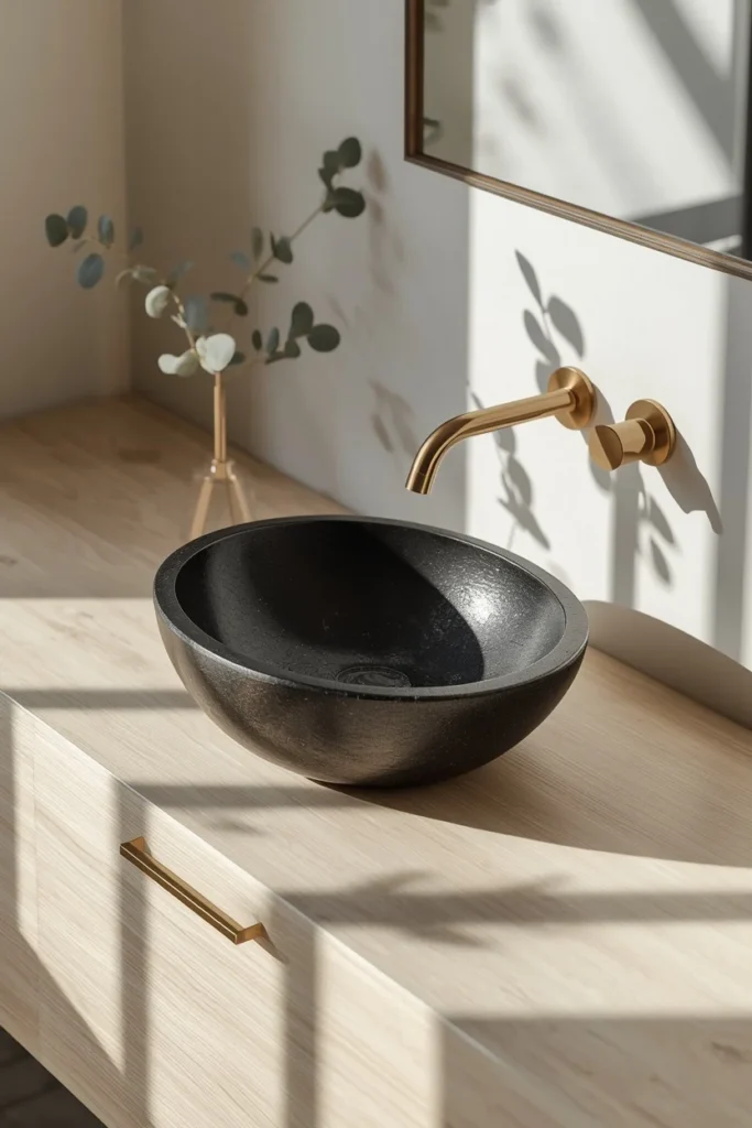 19 Black Bathroom Ideas That Are Dramatic, Chic & Completely Stunning 18 bathroom vanity, featuring organic-shaped black stone vessel sink on a light white oak counter