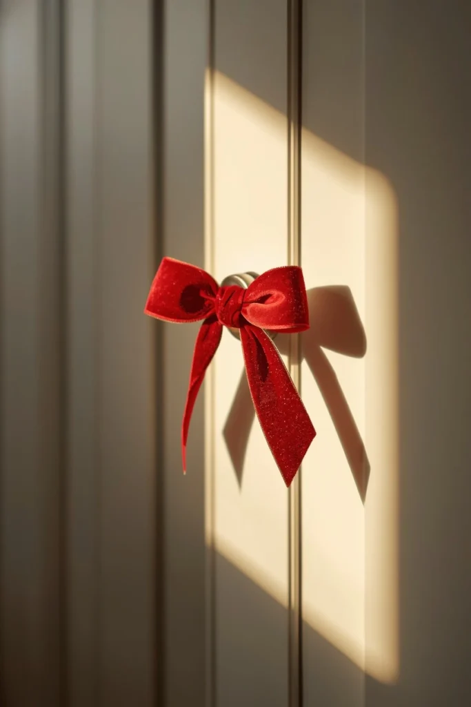  Christmas bathroom, featuring a small red velvet ribbon bow tied 