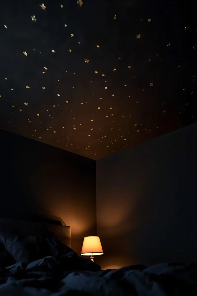 22 Cosmic Interior Design Ideas for a Starry, Galaxy-Inspired Home 18 upward angle bedroom shot, featuring a dark charcoal ceiling with small hand-stenciled metallic gold stars