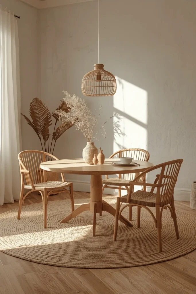 dining room, featuring a natural jute rug under a round wooden dining table with rattan chairs, soft daylight,