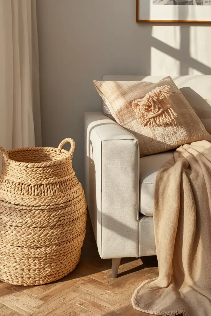 20 Cozy Warm Neutral Fall Living Room Ideas Anyone Can Recreate 18 living room close-up, featuring a woven seagrass basket
