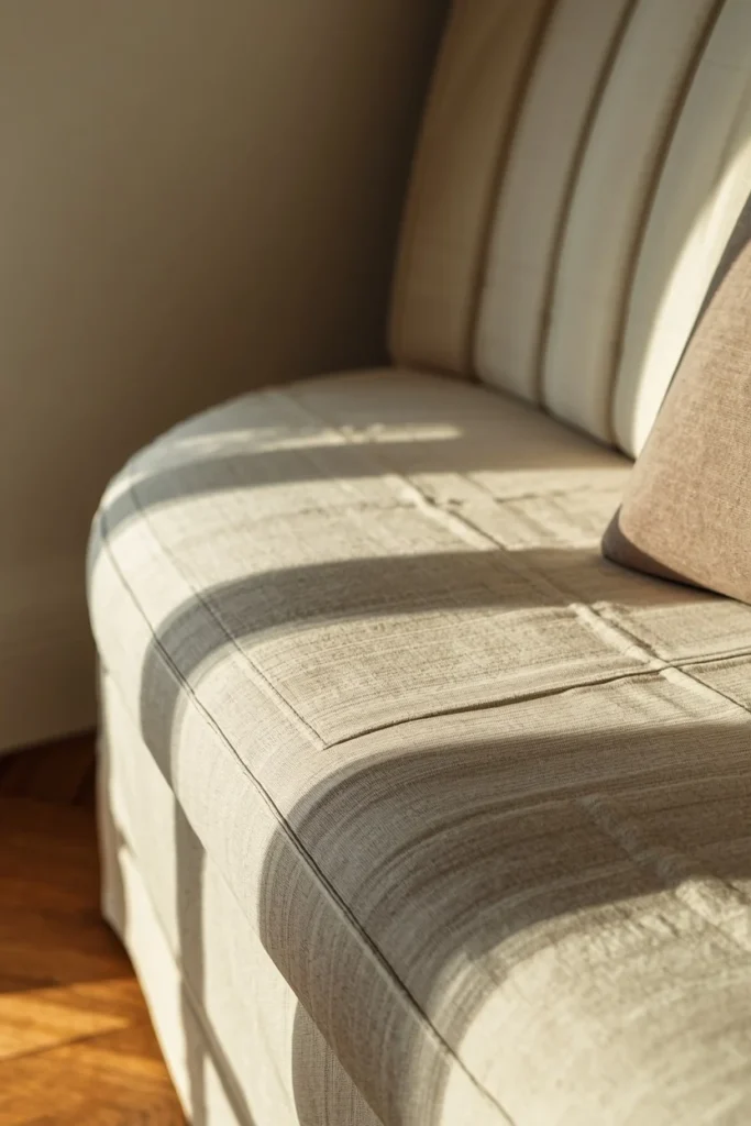  banquette detail shot, featuring a curved bench with a fitted natural linen slipcover,