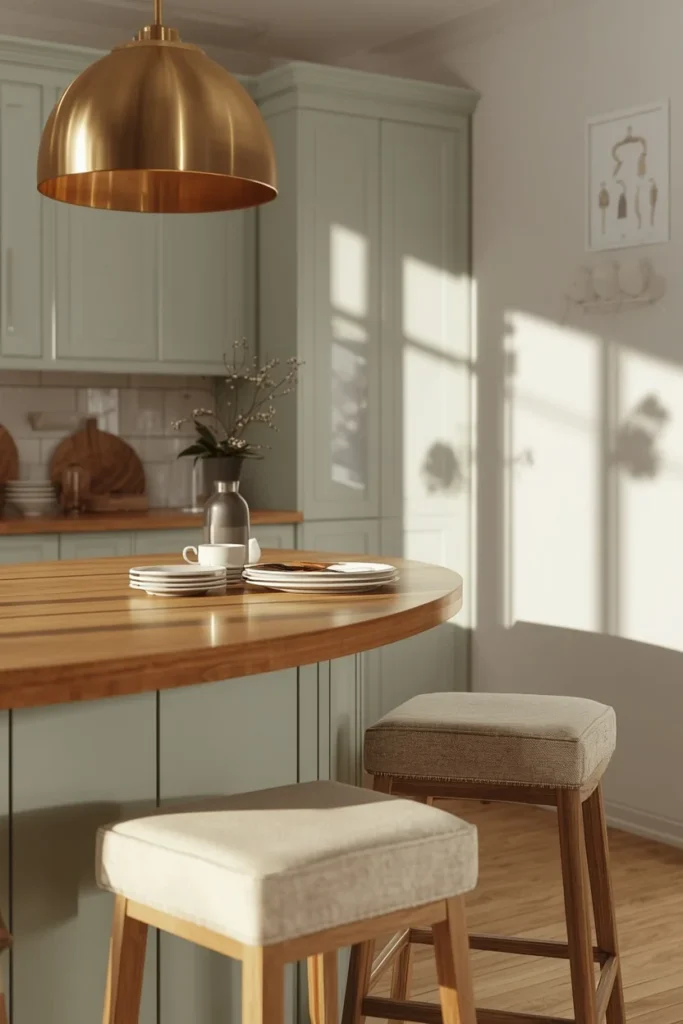 17 Curved Kitchen Peninsula Ideas for Better Small-Space Flow 18 kitchen peninsula close-up, featuring a curved counter in soft pastel sage cabinetry