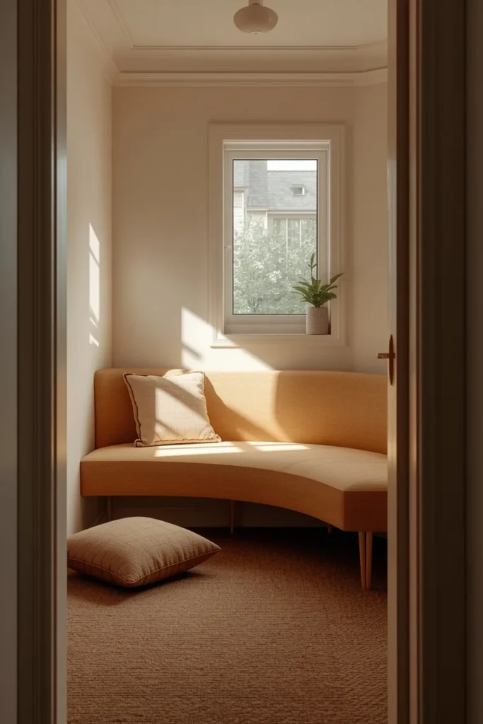ultra-compact living room shot, featuring a curved upholstered bench in warm neutral fabric 