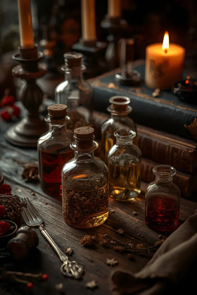 18 Elegant Halloween Dining Table Ideas for a Chic Fright Night 18 tabletop vignette close-up, featuring a cluster of mismatched vintage glass apothecary bottles