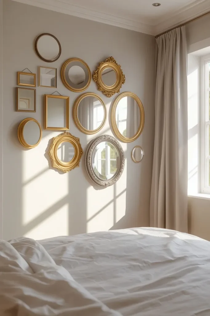 bedroom, featuring a gallery wall of mirrors in varying shapes and gold frames