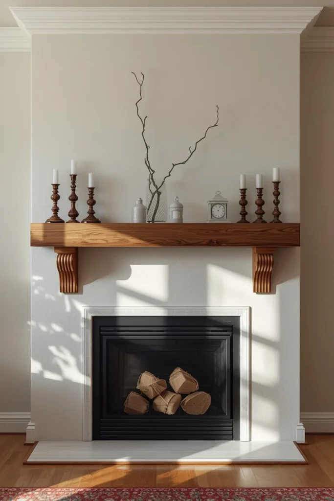  farmhouse living room, featuring a custom wood mantel shelf supported by decorative corbels 