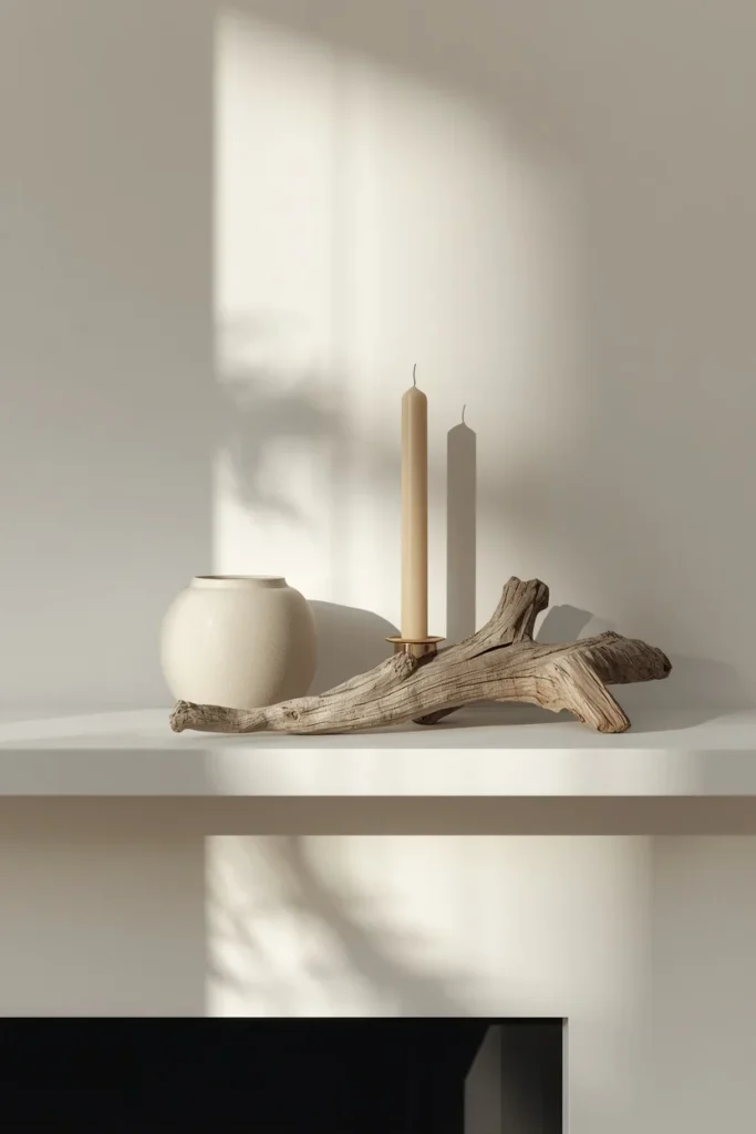  fireplace mantel, featuring a minimal neutral vignette with one ceramic vessel, a single taper candle