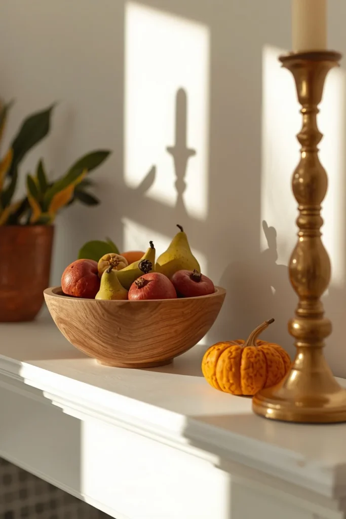 living room mantel, featuring a wooden dough bowl filled with small pears, pomegranates,